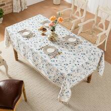 1pc Watercolor Rose & Wildflower Print Tassel Rectangular Tablecloth, Fresh Farmhouse Style Washable Dining Tablecloth, Suitable For Kitchen, Picnic, Dinner Party, Wedding, Indoor/Outdoor Use - Blue and White - View 8