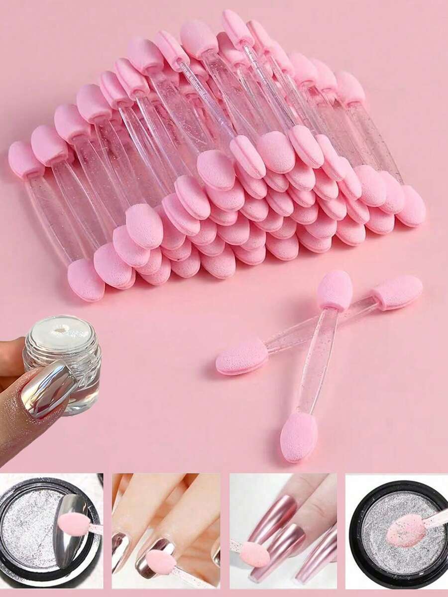 100/50/2pcs Pink Nail Art Sponge Applicator Double-Ended Sponge Brush/Gradient Nail Art Brush, Disposable Double-Ended Eyeshadow Brush, Suitable For Eye Makeup And Nail Art Tools - Multicolor - View 1