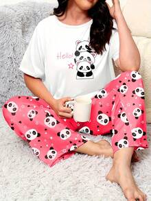Plus Size Casual Comfortable Cartoon Print Short Sleeve Pink Bear Print Long Pants Women's Loungewear 2 Pieces Pajama Set - White - View 1