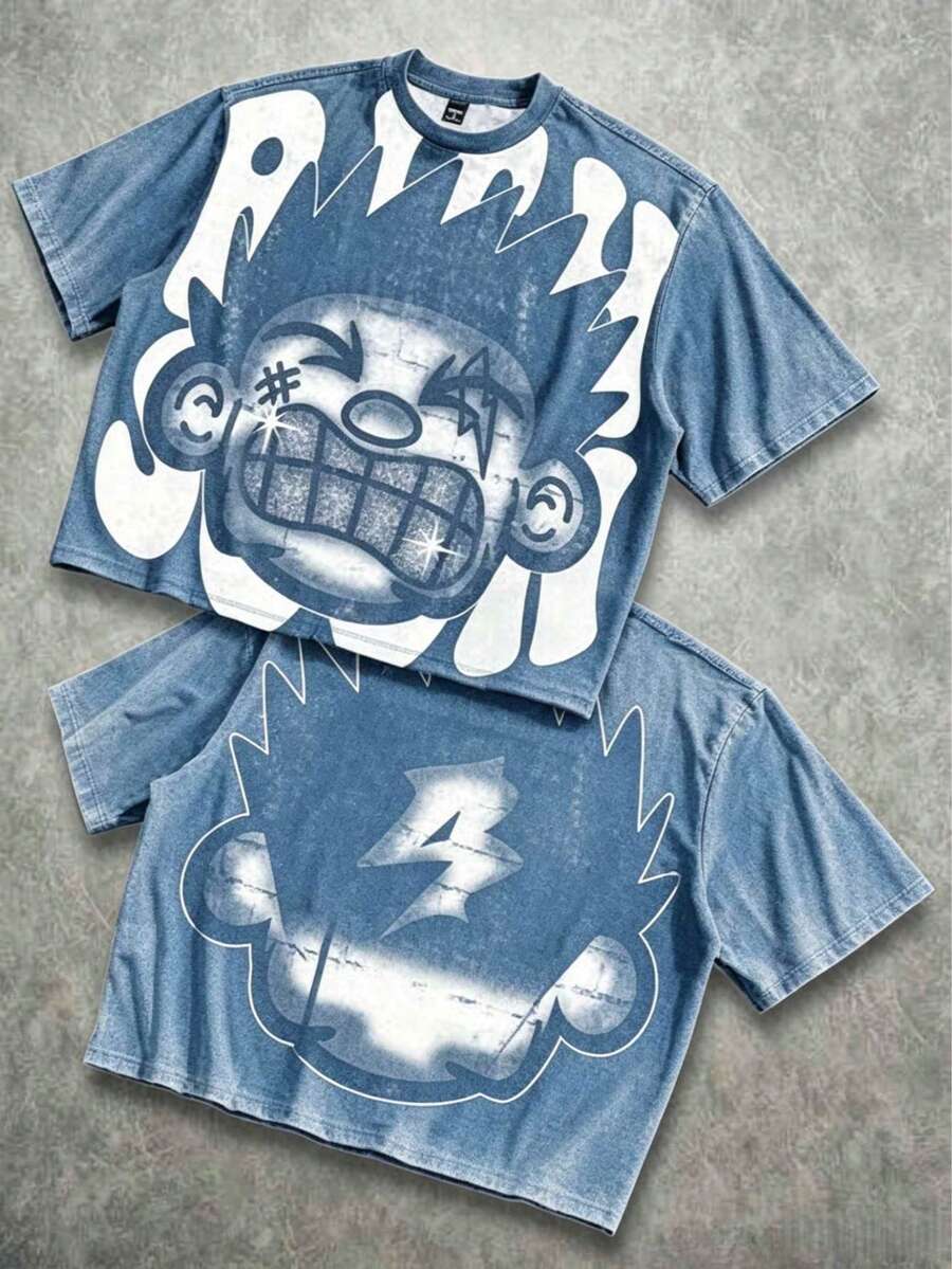 Manfinity Roghcode Men's Oversized Distressed Funny Diamond Teeth Tattoo Big Face Allover Print Cropped Loose 230g Washed T-Shirt (High Quality) - Biru Pudar - View 1