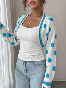 Women's Short Knit Cardigan, Blue Polka Dot Pattern, Long Sleeve, Open Collar, Contrast Trim, Perfect For Autumn/Winter Clothing And Casual Autumn/Winter Style. - Off-white and Blue - View 5