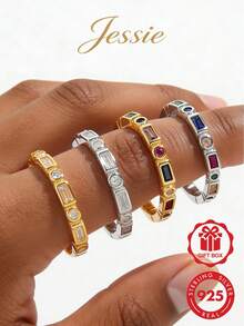 Jessie Jewelry 1pc Fashionable & Exquisite Punk Chic Versatile 925 Sterling Silver Round & Square Stone Alternating Ring, Showcasing Charm For Dating, Commuting, Daily Wear, Gift - Multicolor - View 1