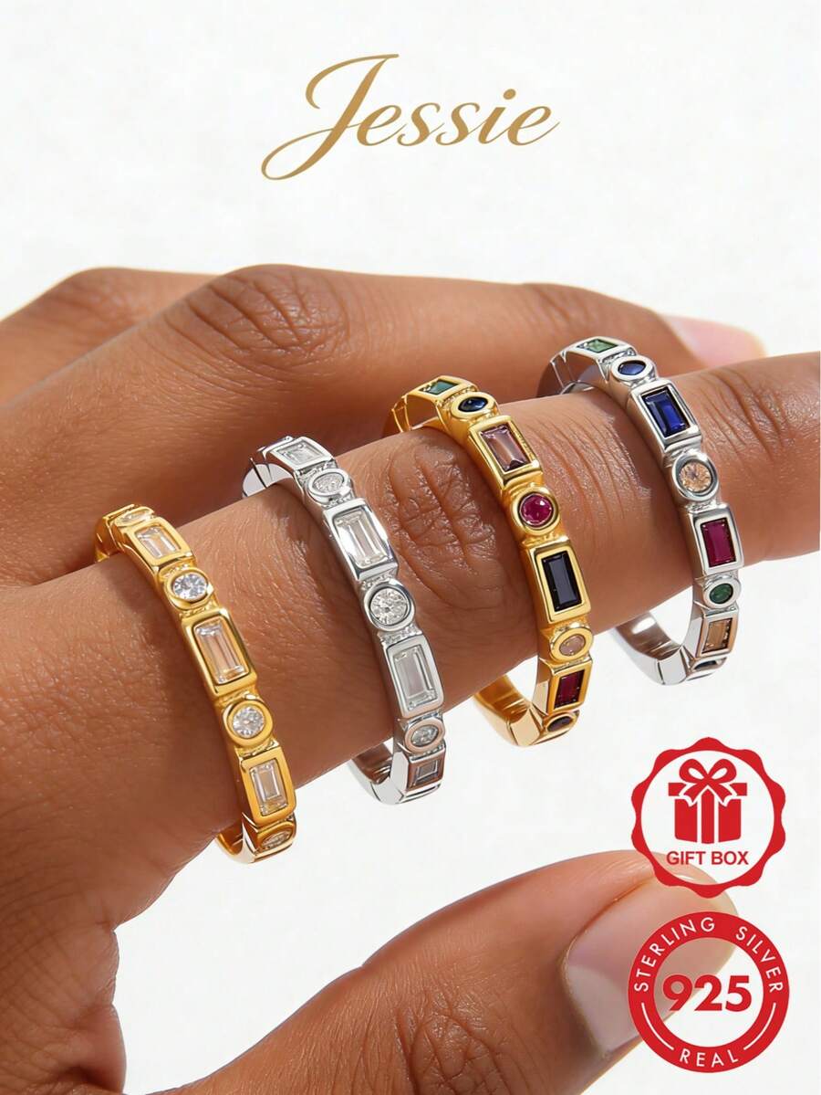 Jessie Jewelry 1pc Fashionable & Exquisite Punk Chic Versatile 925 Sterling Silver Round & Square Stone Alternating Ring, Showcasing Charm For Dating, Commuting, Daily Wear, Gift - Multicolor - View 1