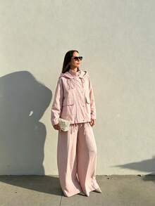 ZAHM Pink Hooded Utility Jacket, Drawstring Waist Casual Versatile Outerwear - Pink - View 5