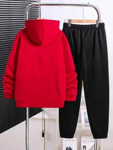 Bộ áo hoodie tay dài in chữ và quần dài thể thao phong cách thường ngày cho bé trai tuổi teen - Đỏ - Xem 2
