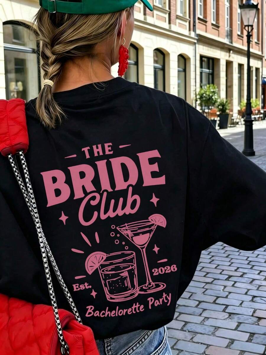 1 Piece Women's Summer Loose Short Sleeve T-Shirt, Graphic Tee Bride Club, Bachelorette Party, Lovely Clothing Top, Vacation Woman. Festival - 黑色 - 查看 1