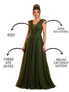 Grife Velasco Elegant Long Party Dress For Bridesmaids, Wedding, With Glitter, Ruffles, And Short Sleeves. - 橄欖綠 - 查看 3