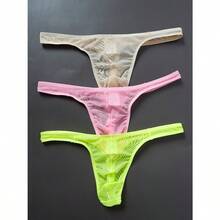 3-Pack, Men's Mesh Transparent Sexy Thong - Pink + Green + Apricot - View 2