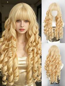 28 Inch Blonde Spiral Curly Synthetic Wig With Bangs, Long Heat-Resistant Full Wig For Women, Natural Cosplay And Daily Party Wig - Gold - View 1