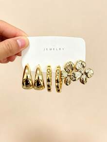 9 Pairs Gold Earring Set, Floral Hammered Twisted C-Hoop, Suitable For Commute, Date, Vacation, All-Match, One Card For All Styles - Gold - View 4