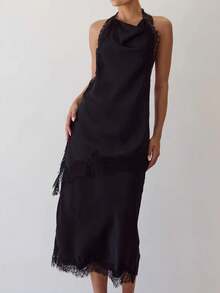 2 Piece Outfit Satin Halter Midi Slip Dress Matching Shrug Eyelash Lace Trim Open Back Cowl Neck Party Evening Set - Black - View 3