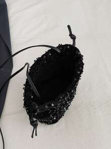 Women's Drawstring Mini Crossbody Bucket Bag, Diamond Quilted Pattern, Daily & Outdoor Use - Black - View 3