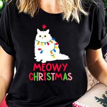 Women's Festive T-Shirt "MEOWy Christmas", Black And White Cat With Lights, Casual Loose Fit, Summer Sportswear, Polyester, Round Neck, Stretch Knit Fabric, Print - 黑色 - 查看 1