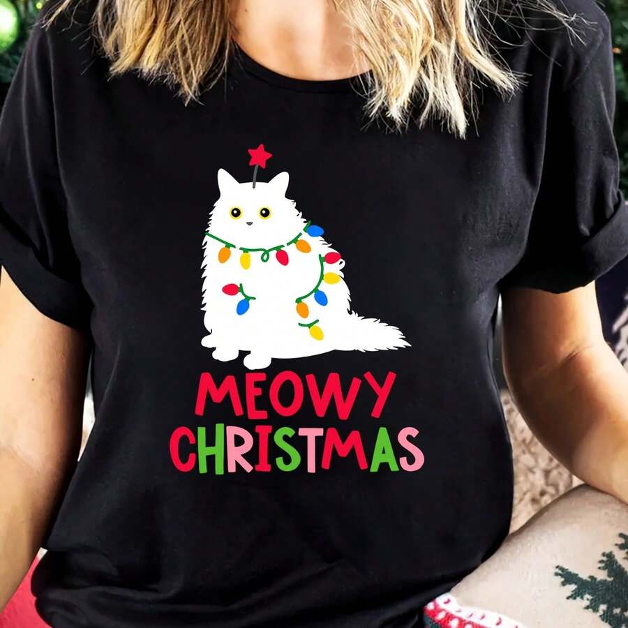 Women's Festive T-Shirt "MEOWy Christmas", Black And White Cat With Lights, Casual Loose Fit, Summer Sportswear, Polyester, Round Neck, Stretch Knit Fabric, Print - 黑色 - 查看 1