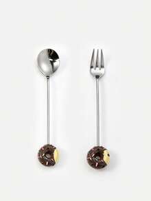 2pcs Stainless Steel Donut Spoon & Fork Set Dessert Spoon Coffee Spoon Fruit Fork Tableware - Multicolor - View 11