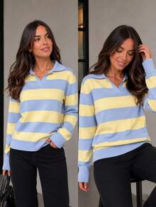 Women's Striped Knit Blouse With Polo Collar And Long Sleeves - 黃色淡藍條紋 - 查看 1