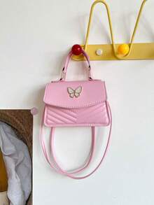 Mini Small Bag V-Shaped Embossed Solid Color PU Ruffled Edge Bow Handbag Flap Crossbody Women's Bag - Pink - View 9