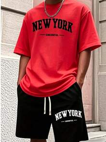 Men'S New York Casual Short Sleeve Black With White Lettering Casual Style| Comfortable Fit, PLUS SIZE  Men's Casual Outfit, Cotton Sportswear Set - 紅色 - 查看 4