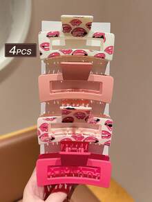 4Pcs Sexy Red Lip Print + Pure Pink Claw Clips, Large Size Claw Clips, Elegant Glossy Non-Slip Hair Clips, Strong Hold Suitable For Thick Hair, Perfect For Girls Daily / Commute / Party / Casual Updo Hairstyles, Beach Accessories, Beach Hair Accessories, Girls Hair Clips, Women Hair Accessories, Gift Recommendation - Multicolor - View 4