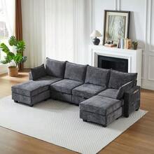 Canapé modulable en chenille, canapés d'angle pour le salon, canapé d'angle en U avec pouf de rangement, canapés d'angle 6 places avec méridienne - Gris - Voir 10