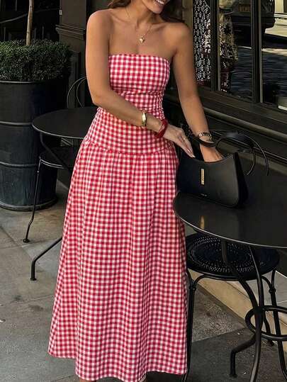 VIVINA Women's Plaid Strapless Dress, Casual Daily Wear Elegant Party Summer