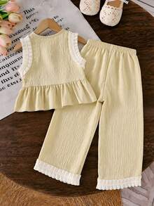 Girls' 2pcs Casual Fashion Set, Apricot Tank Top T-Shirt & Solid Long Pants, Spring/Summer Outfit For Toddlers - Apricot - View 3