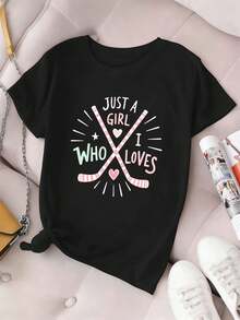 Damen-T-Shirt mit Grafikprint für Hockeyfans, Rundhalsausschnitt, bequeme Passform, Street-Hip-Hop-Stil, Grafikdesign - Schwarz - Übersicht 2