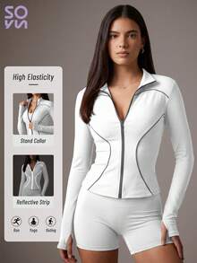 Soyun New Night Running Reflective Outdoor Sports Yoga Quick Drying Anti Fuzzing Jacket, Thumb Pocket Stand Up Collar Design, Daily Casual - White - View 7