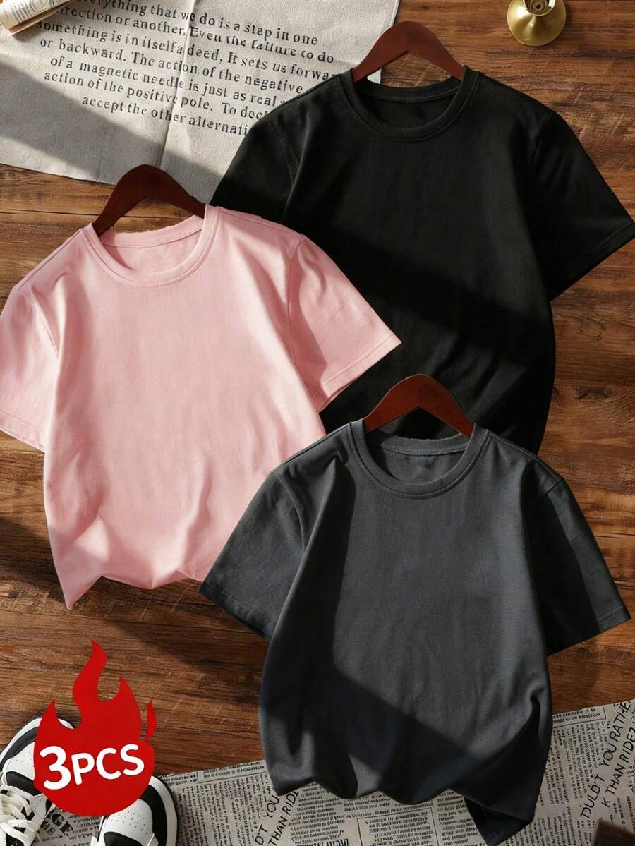 Set Of 3 Women's Short-Sleeved, Crew-Neck T-Shirts In Solid Colors, Suitable For Everyday Wear. Includes A White T-Shirt, A Black T-Shirt, And A Pink T-Shirt. - 多色 10 - 查看 1