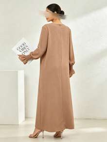 Arabian Style Women's Long Robe Dress, Solid Color Long Sleeve Plus Size Robe, Elastic Cuffs, Conservative Casual Loose Kaftan, Islamic Muslim Dubai Abaya - Multicolor - View 4