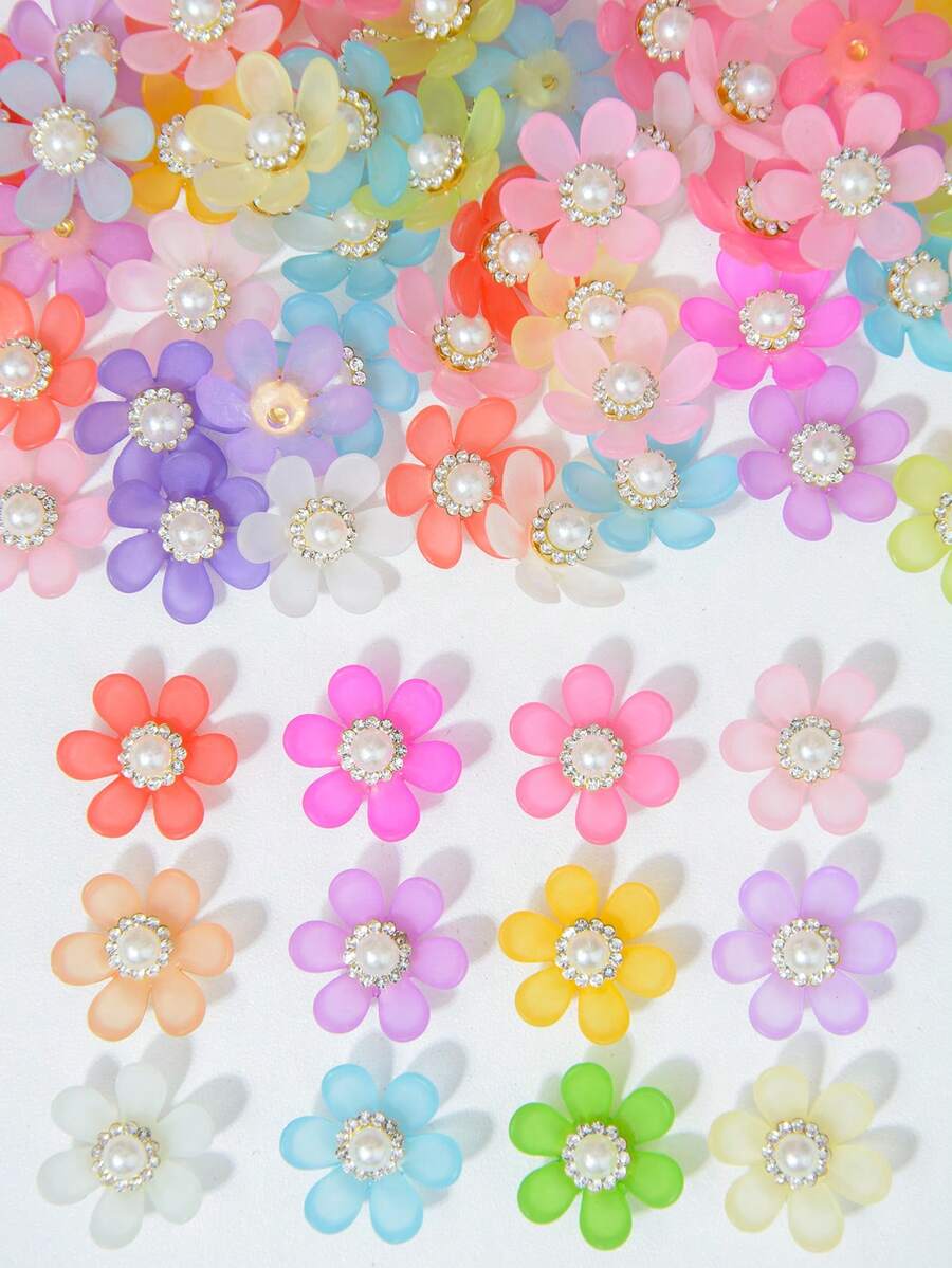 10-150pcs 20mm Multicolor Six-Petal Sunflowers, With Semi-Transparent Petals And A White High-Gloss Pearl, Sparkly Rhinestone Center, Can Be Used For Bows, Brooches, Buttons, Crowns, Fashion Accessories, DIY Craft Materials - Colorful White Pearl Sunflower - View 1