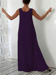 Plus Size Women's Summer Casual Loose Daily Comfortable Round Neck Sleeveless Solid Color Fitted Long Dress Elegant - Purple 1 - View 2