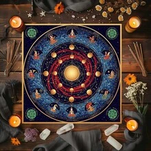 1 Stück mystische Astrologie Tischdecke in Dunkellila mit goldenen Sternzeichen-Konstellationen, Tarot, Ritual, Meditation, Kristallheilung, Partydekoration - Schwarz - Übersicht 1