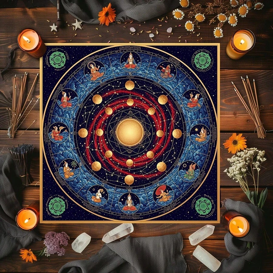 1 Stück mystische Astrologie Tischdecke in Dunkellila mit goldenen Sternzeichen-Konstellationen, Tarot, Ritual, Meditation, Kristallheilung, Partydekoration - Schwarz - Übersicht 1