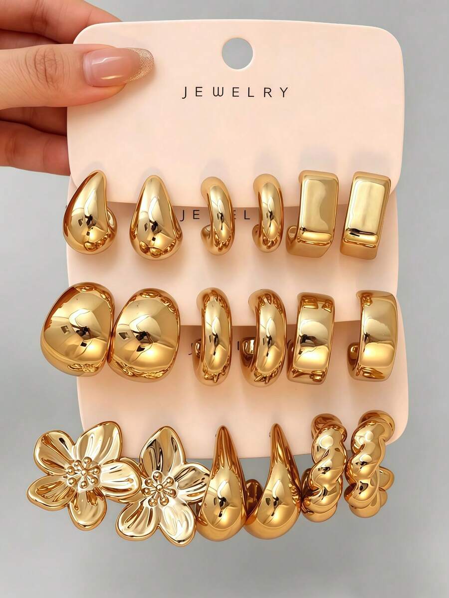 6-18Pcs Women's Fashion Elegant Metallic Multi- Earring Set, Suitable For Daily Casual Wear - Gold - View 1