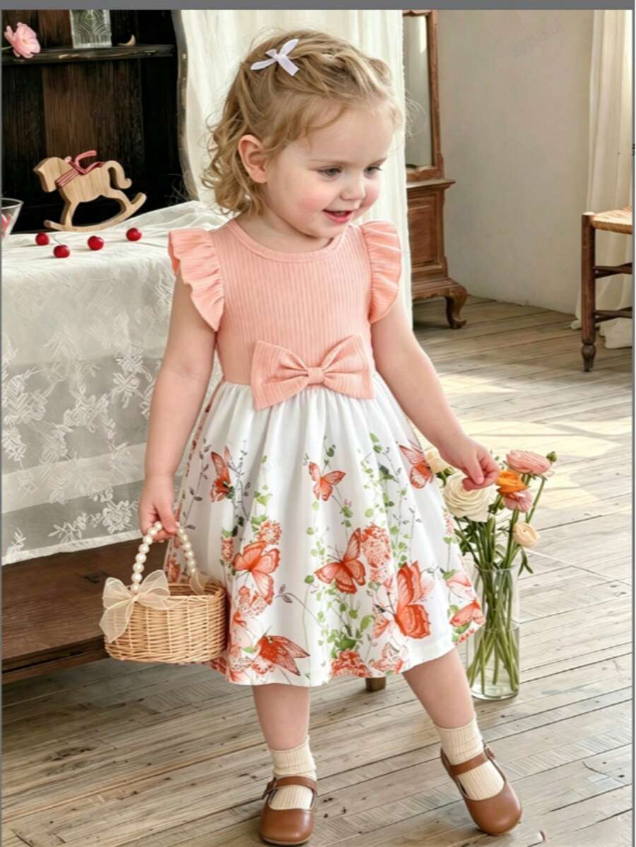 Baby Girls' Summer Cap Sleeve Patchwork Print Dress, Toddler Casual Bow Decor Holiday Versatile Dress - Coral Orange - View 1