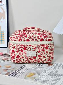 1 Stück/Set rote gesteppte Blumen-Make-up-Tasche mit großer Kapazität, Kosmetik-Aufbewahrungstasche mit Boho-Muster, Make-up-Pinsel-Organizer, Make-up-Box, Kulturbeutel, Strandurlaub, Abschlusszeit, Schulanfang, Reiseessentials, Zimmer, Badezimmer, Feiertagsgeschenk - Rot - Übersicht 11