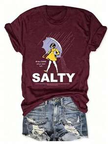 Plus Size Salty With Umbrella Graphic Tee - Vintage Style Summer Beachwear For Women, Perfect For Vacation And Everyday Wear, T-Shirt-Unisex - 酒紅色 - 查看 8