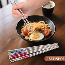 Multi-Color Floral Print Stainless Steel Chopsticks Set, Non-Slip Reusable Korean & Japanese Style Dining Chopsticks - View 2