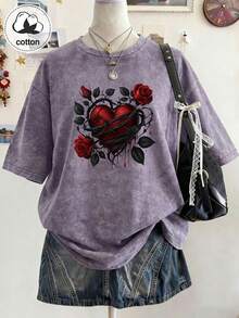 Plus Size Women's T-Shirt, Casual Washed Top, Machine Washable, Comfortable And Lightweight, Suitable For All Seasons, Unique Design Pattern - Medium Purple - View 7