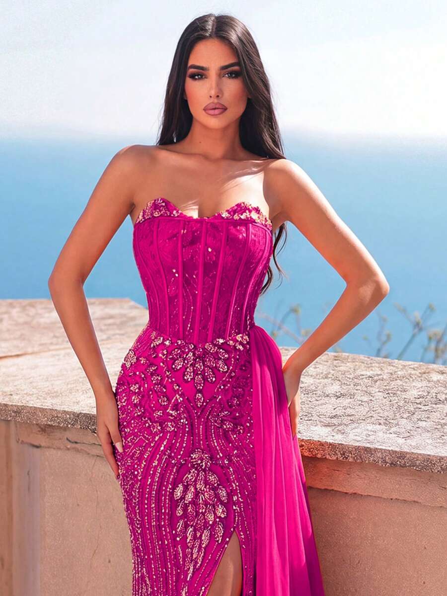 Beaded Mesh Strapless Fitted Evening Gown With Exaggerated High Slit Design, Suitable For Banquets, Ceremonies And Anniversary Events Party Wedding - Hot Pink - View 1
