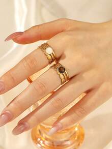2pcs Stainless Steel Women's 18K Gold Plated Open Adjustable Multi-Layer Leaf Rings, Textured Leaf Pattern Inlaid Round Natural Shell Tiger Eye Stone Personalized Rings, Vintage Style Daily Date Party Women's Fashion Jewelry - Yellow Gold - View 1