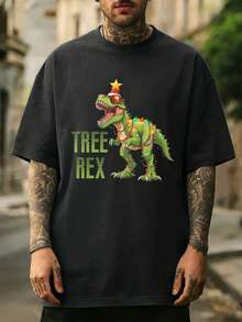 Herren-T-Shirt With Weihnachts-Dinosaurier-Motiv Für Den Herbst, 100 % Baumwolle, Bequeme Pa S Form, Atmungsaktiv, Street-Hip-Hop-Stil, Kunstdruck - White - View 1