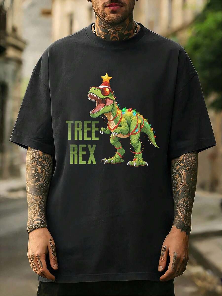 Herren-T-Shirt With Weihnachts-Dinosaurier-Motiv Für Den Herbst, 100 % Baumwolle, Bequeme Pa S Form, Atmungsaktiv, Street-Hip-Hop-Stil, Kunstdruck - White - View 1