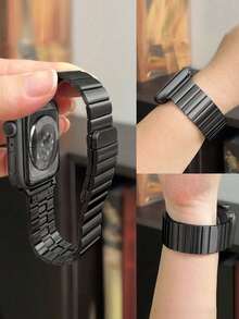 Huastonband 1條磁吸式不鏽鋼金屬錶帶，相容於 38mm/40mm/41mm/42mm/44mm/45mm/49mm/46mm，適用於 Ultra/SE/S10/S9/8/7/6/5/4/3 系列。佩戴舒適，適合四季。智慧手錶配件錶帶，女性夏季海灘、派對、母親節、畢業季、返校學生同學禮物配件 - 黑色 - 查看 2
