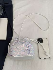 Women's Drawstring Mini Crossbody Bucket Bag, Quilted Pattern Daily Outdoor Bag - White - View 3