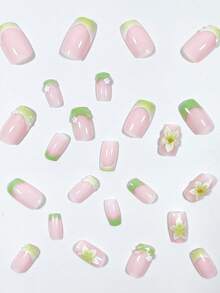 Y2K Cute 3D Drip Glue Mint Green French Small Flower Petal Milk Green Gradient Sweet Style 24pcs Short Square Press-On Nails Fake Nail Tips Acrylic Nails Y2k Nails - Multicolor - View 4
