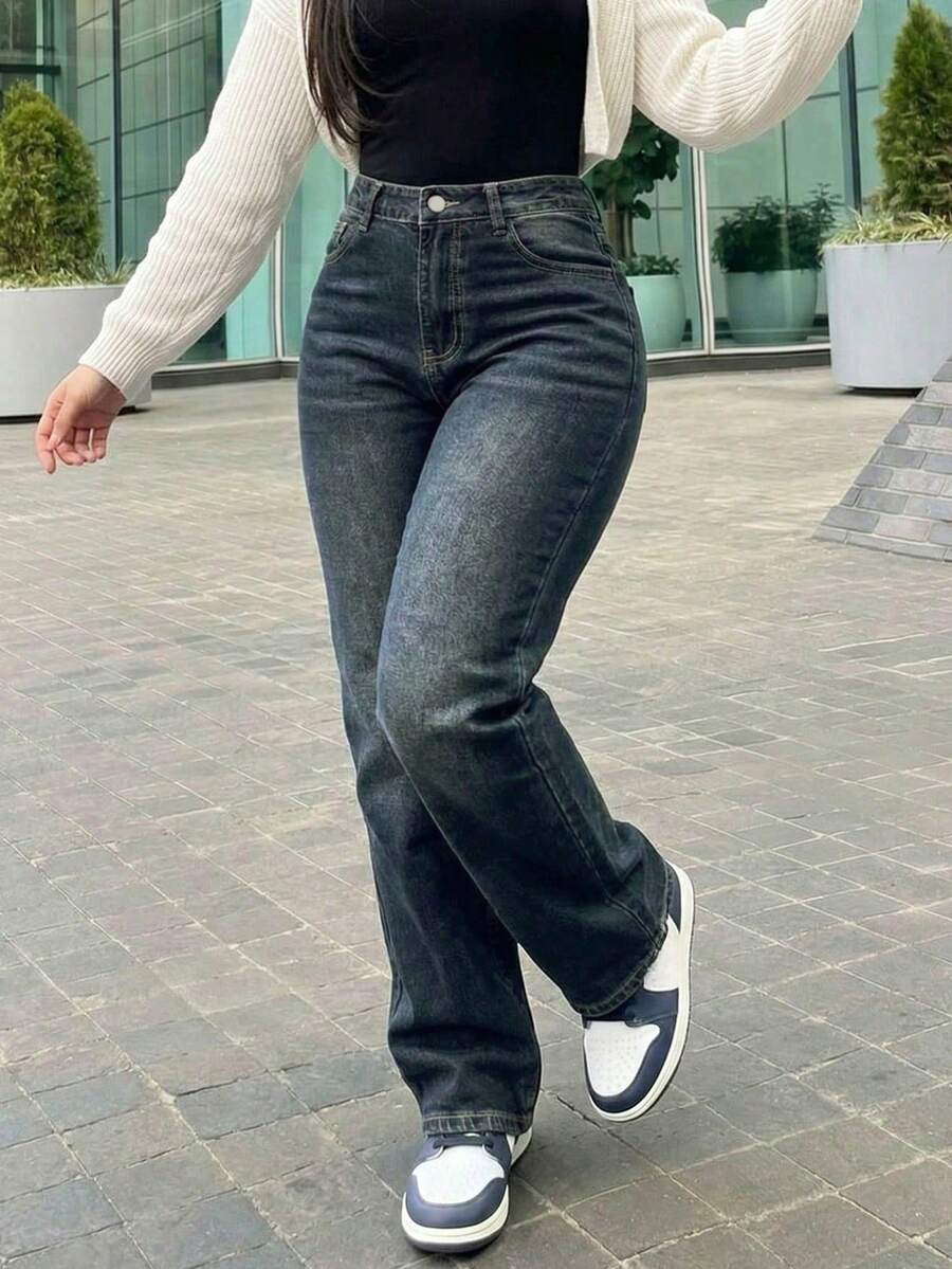 女款復古極簡彈性腰休閒寬鬆直筒牛仔長褲 秋季 - 深色水洗藍 - 查看 1