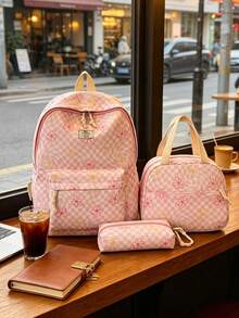 1 Set Back To School Backpack Set - Checkerboard/Floral Pattern Large Capacity Backpack + Lunch Bag + Pencil Case Multi-Piece Set, With Laptop Compartment, Durable Nylon Backpack, Adjustable Shoulder Straps, Lightweight Portable Zipper Bag, Suitable For Students/Teenagers/Graduates, Perfect For Outdoor/Travel/Middle School/High School/College, College Essential Backpack - Multicolor - View 8