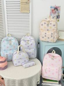1 Set Back To School Backpack Set - Checkerboard/Floral Pattern Large Capacity Backpack + Lunch Bag + Pencil Case Multi-Piece Set, With Laptop Compartment, Durable Nylon Backpack, Adjustable Shoulder Straps, Lightweight Portable Zipper Bag, Suitable For Students/Teenagers/Graduates, Perfect For Outdoor/Travel/Middle School/High School/College, College Essential Backpack - Multicolor - View 2